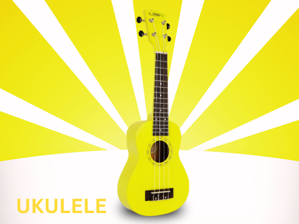 Techno Soprano Ukulele, Natural Wood, 4 Strings, Spruce Wood Back and Top, With Carrying Case, Manual Operation, (Yellow)