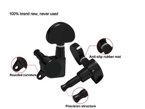 Premium Black Guitar Tuning Pegs Set – 6 Precision Semi-Closed Machine Heads with Anti-Slip Mount
