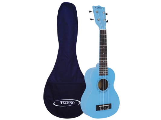 Techno Soprano Ukulele, Natural Wood, 4 Strings, Spruce Wood Back and Top, With Carrying Case, Manual Operation, (SKY BLUE)
