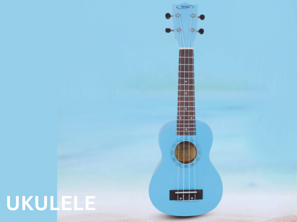 Techno Soprano Ukulele, Natural Wood, 4 Strings, Spruce Wood Back and Top, With Carrying Case, Manual Operation, (SKY BLUE)