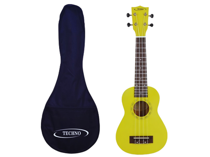 Techno Soprano Ukulele, Natural Wood, 4 Strings, Spruce Wood Back and Top, With Carrying Case, Manual Operation, (Yellow)