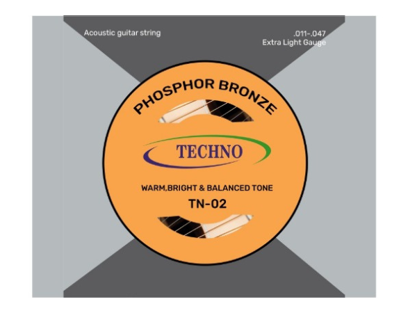 Techno TN-02 Phosphor Bronze Acoustic Guitar Strings, Extra Light Gauge .011-.047, Warm Bright Balanced Tone