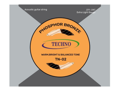 Techno TN-02 Phosphor Bronze Acoustic Guitar Strings, Extra Light Gauge .011-.047, Warm Bright Balanced Tone