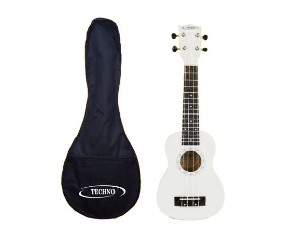 Techno Soprano Ukulele, Natural Wood, 4 Strings, Spruce Wood Back and Top, With Carrying Case, Manual Operation, (WHITE)