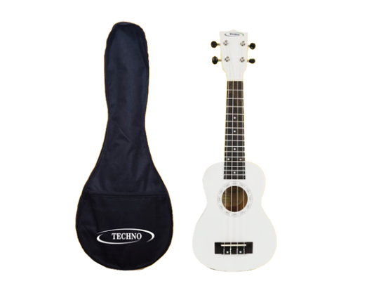 Techno Soprano Ukulele, Natural Wood, 4 Strings, Spruce Wood Back and Top, With Carrying Case, Manual Operation, (WHITE)