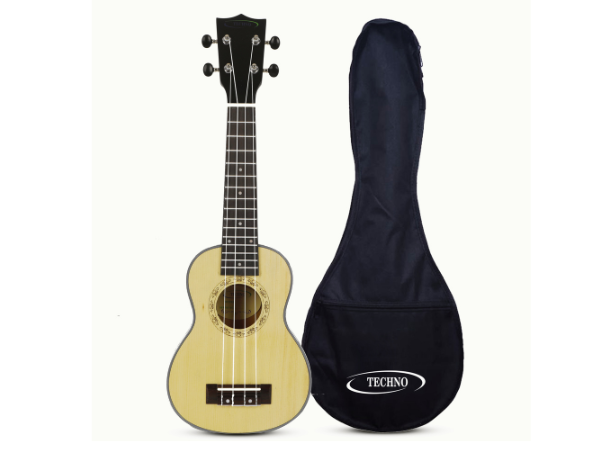 Techno Soprano Ukulele with Carrying Case, Natural Wood and Brown, 4 String, Spruce Wood Construction, 53 cm Length, Manual Operation(BLACK)