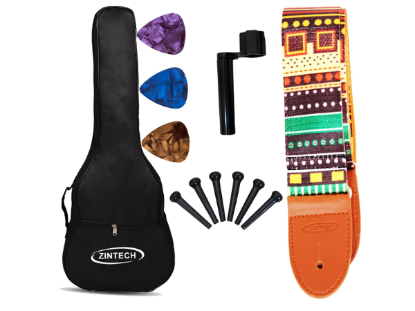ZINTECH Guitar Gig Bag with Ethnic Strap, Black, 38 Inch, 3mm Padded, Waterproof Nylon, Adjustable Backpack Straps, Includes Bridge Pins and Picks