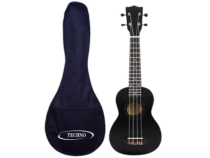 Techno Soprano Ukulele, Natural Wood, 4 Strings, Spruce Wood Back and Top, With Carrying Case, Manual Operation, (BLACK)