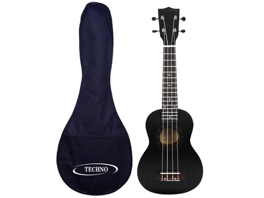 Techno Soprano Ukulele, Natural Wood, 4 Strings, Spruce Wood Back and Top, With Carrying Case, Manual Operation, (BLACK)