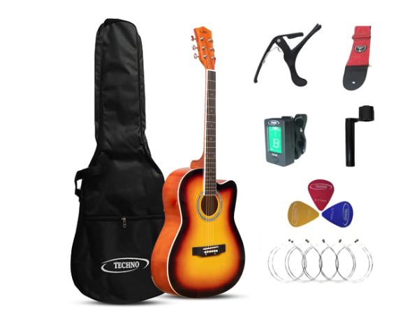 TECHNO RJ-10239CG-39 INCH Inch Guitar -WIth BAG ,BELT,STRING SET,CAPO,PICK,TUNER,WINDER Acoustic Guitar Spruce, Linden Wood Rosewood Right Hand Orientation (Sunburst)
