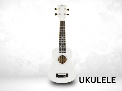 Techno Soprano Ukulele, Natural Wood, 4 Strings, Spruce Wood Back and Top, With Carrying Case, Manual Operation, (WHITE)