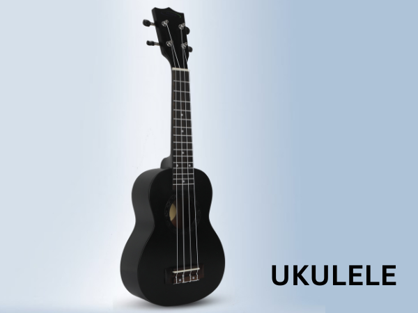 Techno Soprano Ukulele, Natural Wood, 4 Strings, Spruce Wood Back and Top, With Carrying Case, Manual Operation, (BLACK)