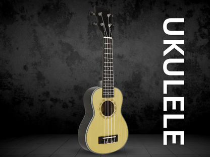 Techno Soprano Ukulele with Carrying Case, Natural Wood and Brown, 4 String, Spruce Wood Construction, 53 cm Length, Manual Operation(BLACK)