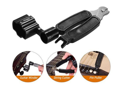 Techno Guitar Maintenance Tool, Professional String Winder with Pin Puller and String Cutter, Black ABS Plastic and Steel Construction, Multi-Function Guitar Care Kit