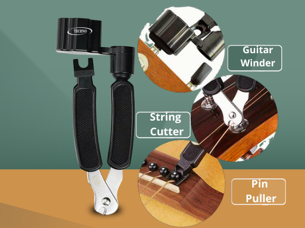 Techno Guitar Maintenance Tool, Professional String Winder with Pin Puller and String Cutter, Black ABS Plastic and Steel Construction, Multi-Function Guitar Care Kit