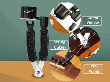 Techno Guitar Maintenance Tool, Professional String Winder with Pin Puller and String Cutter, Black ABS Plastic and Steel Construction, Multi-Function Guitar Care Kit