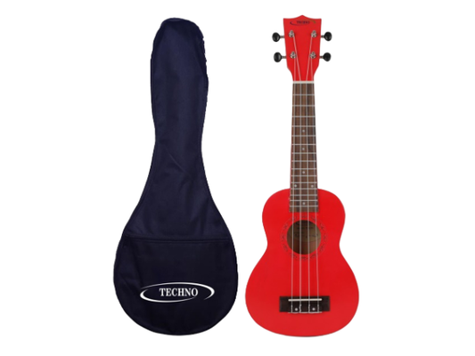 Techno Soprano Ukulele, Natural Wood, 4 Strings, Spruce Wood Back and Top, With Carrying Case, Manual Operation, (RED)