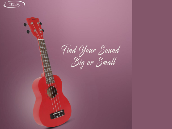 Techno Soprano Ukulele, Natural Wood, 4 Strings, Spruce Wood Back and Top, With Carrying Case, Manual Operation, (RED)