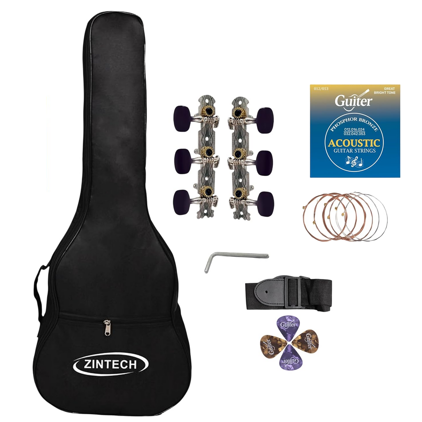 ZINTECH 36 Inch 3MM Padding  Acoustic Guitar Bag with Thick Filling, Tear-Resistant Lining, Includes Phosphor Bronze Strings, Picks, Strap, Allen Key and Tuning Pegs