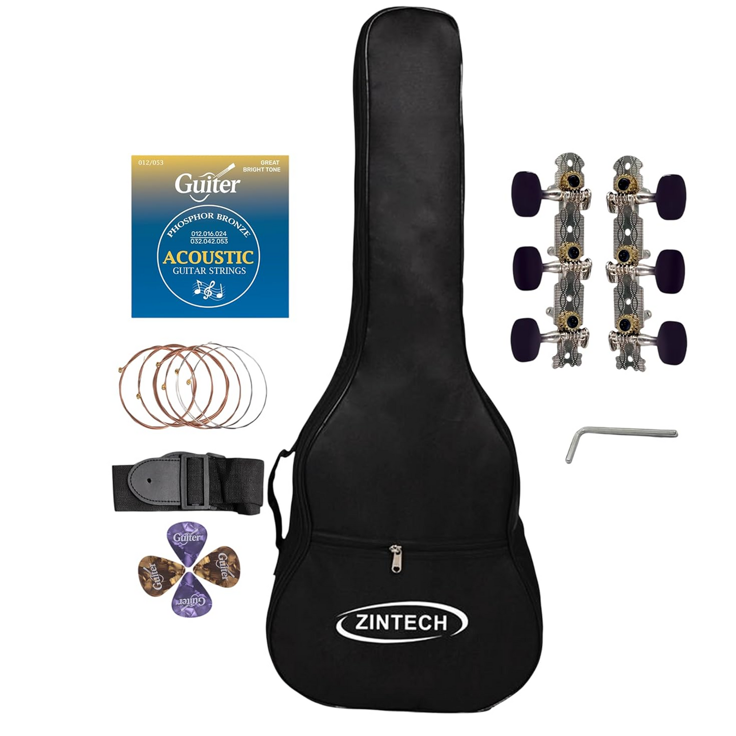 ZINTECH 40 Inch 6MM Padding  Acoustic Guitar Bag with Thick Filling, Tear-Resistant Lining, Includes Phosphor Bronze Strings, Picks, Strap, Allen Key and Tuning Pegs