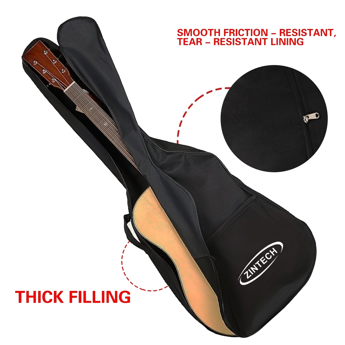 ZINTECH 34 Inch 3MM Padding Acoustic Guitar Bag with Thick Filling, Tear-Resistant Lining, Includes Phosphor Bronze Strings, Picks, Strap, Allen Key and Tuning Pegs